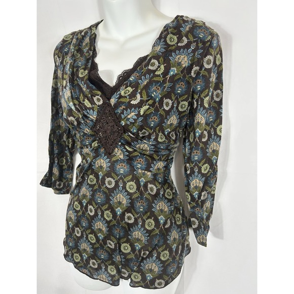 VTG Cato Y2K Lace Trim Babydoll Top Size L Brown Boho Forest Fairy Grunge Witchy - Picture 2 of 13